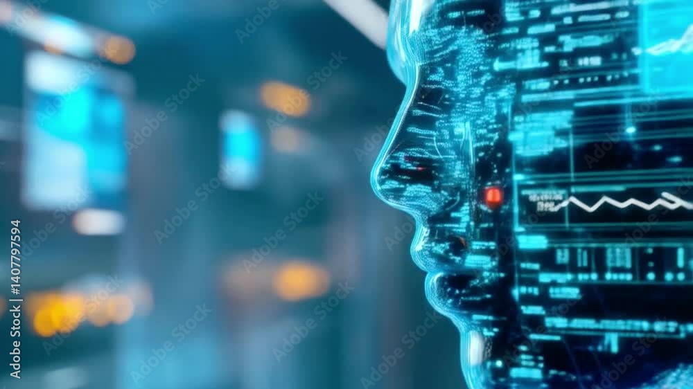 Fototapete A humanoid robot is designed for training purposes in a futuristic research facility. It features glowing elements and data projections, showcasing cutting-edge technology and scientific development.
