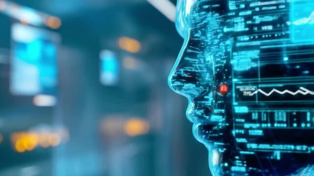 A humanoid robot is designed for training purposes in a futuristic research facility. It features glowing elements and data projections, showcasing cutting-edge technology and scientific development.