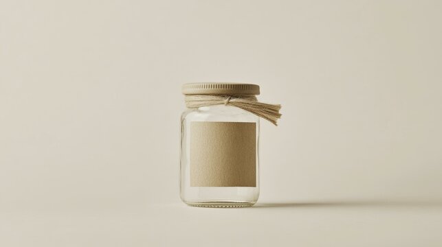 Empty glass jar blank paper label rustic twine string beige background neutral simple studio mockup