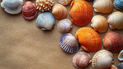a collection of seashells lies scattered on the sandy beach