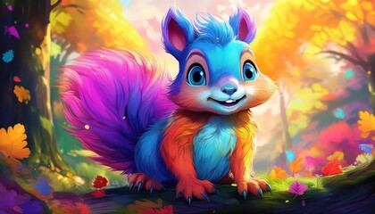 Charming Vibrant Anime Artwork A Playful Monster Squirrel Roaming Through a Colorful Park, Bridging Cute and Spooky, Evoking a Joyful Yet Mysterious Atmosphere.