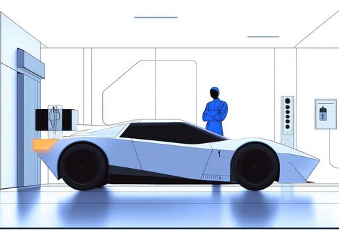 futuristic blue car in garage with person clip art preview