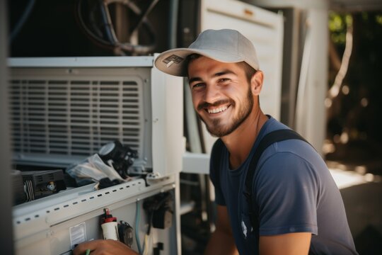 smiling young male technician working on a air conditioning unit