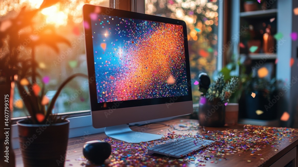 Aufkleber a computer monitor sits on a desk with a pile of confetti,stock image