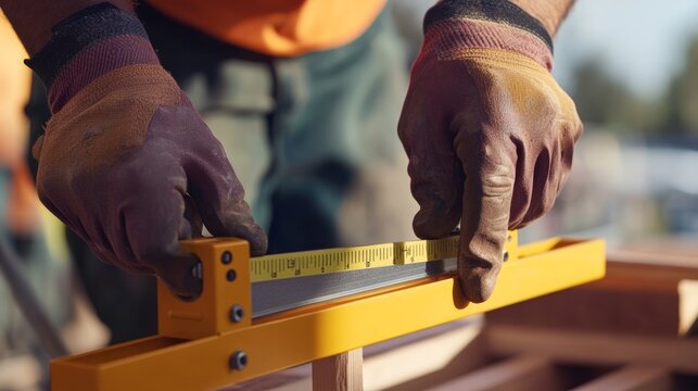 Construction worker using a spirit level to check alignment of a frame. Featuring accuracy and careful work