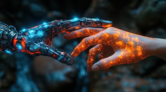 a cyborg finger touching a human finger modern remake of the creation of adam technology meets humanity biology vs technology machine learning ai progress big data digital interface,stock photo