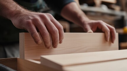 Carpenter constructing a custom wooden shelf. Featuring woodworking and interior design