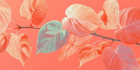 Obraz premium Summer Leaves. Beautiful Botanical Coral Background with Philodendron Tree Branch