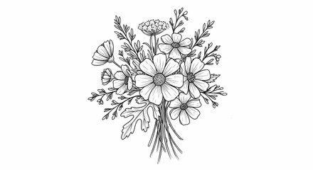 Drawn Floral Bouquet with Daisies and Foliage Line Art