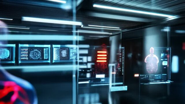 Futuristic humanoid robots are being trained and developed in a sleek corporate lab.