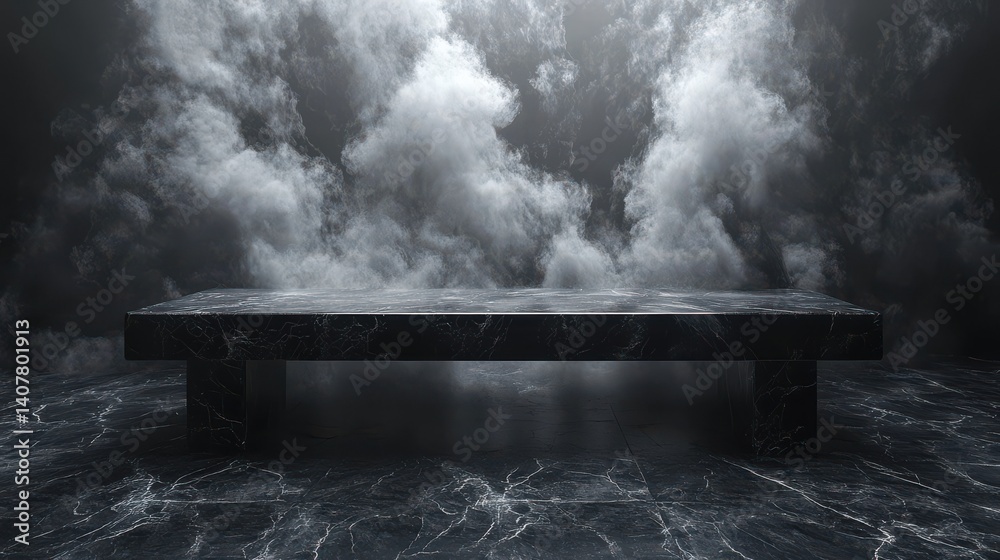 Leinwandbilder a dark room with a black stone floor and an empty black marble table is filled with smoke creating a mysterious and atmospheric setting,photo stock