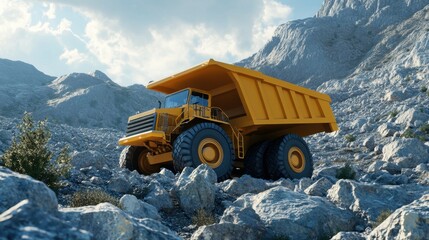 A computer generated image of a yellow dump truck on a rocky hillside