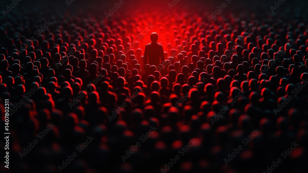 Poster a dense crowd of matte black silhouettes with a striking red figure in sharp contrast under a spotlight emphasizing the peril of insider threats in data environments,stock image