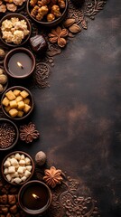 Festive Diwali Sweets Candles on Brown Background with Copy Space