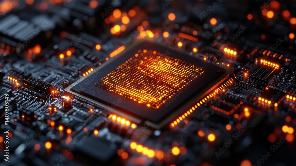 Poster a detailed depiction of a microchip at the center surrounded by vibrant glowing data streams that highlight advancements in technology and computing,stock photo
