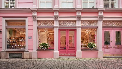 charming light pink vintage european boutique storefront cute shop exterior template