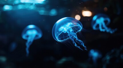 Bioluminescent jellyfish in aquarium tank with bokeh background
