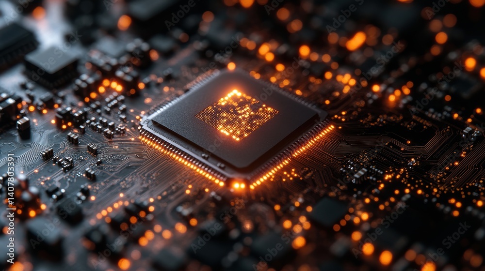 Aufkleber a detailed depiction of a microchip at the center surrounded by vibrant glowing data streams that highlight advancements in technology and computing