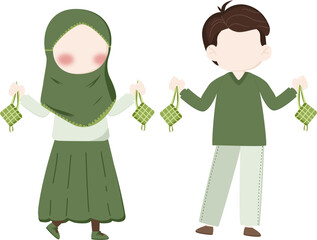 The illustration of muslim children celebrate eid mubarak