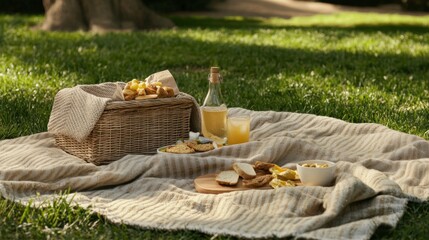Fototapeta premium leisure, food and drinks concept - close up of snacks and picnic basket on blanket on grass at summer park