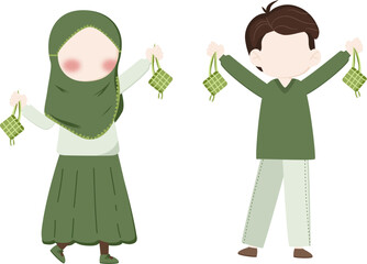 The illustration of muslim children celebrate eid mubarak