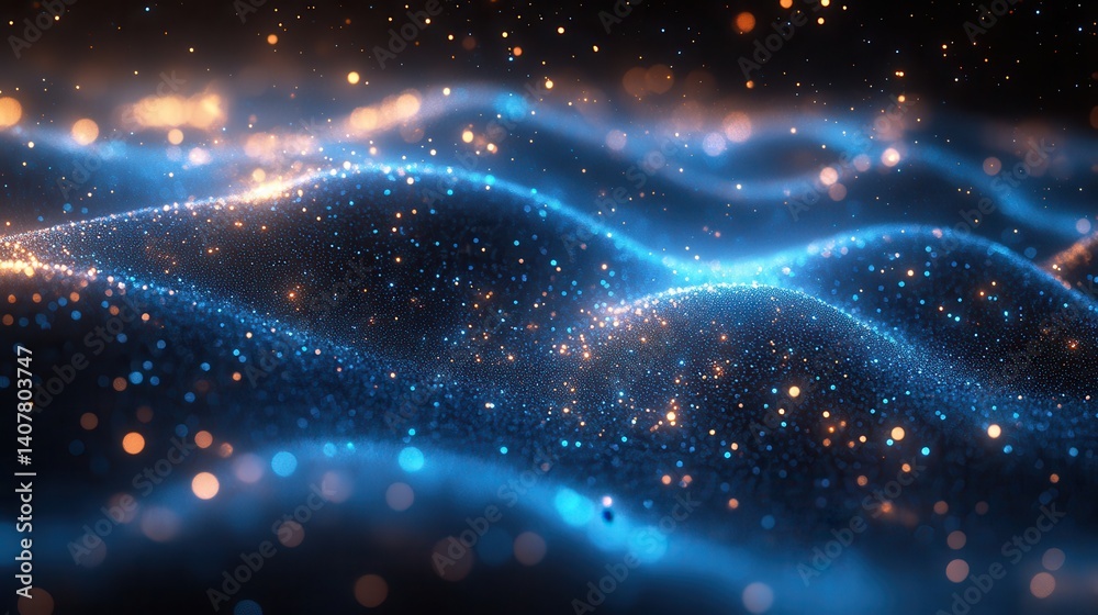 Poster a digital landscape featuring glowing blue particles and lines creating an ethereal futuristic atmos
