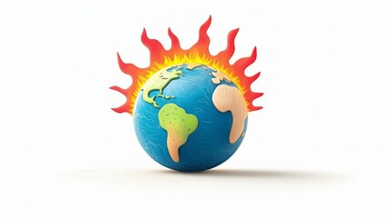 Naklejka premium Vibrant Flat Design of Earth Surrounded by Flames Representing the Sun in a Creative Abstract Illustration