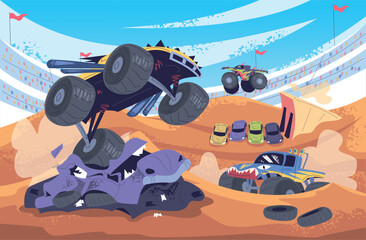 Monster truck show. Monstertruck jump stadium arena, cartoon 4x4 trucks with big wheels tire crash cars jumping hot stunt, muscle motor bigfoot vehicle classy vector illustration © ssstocker
