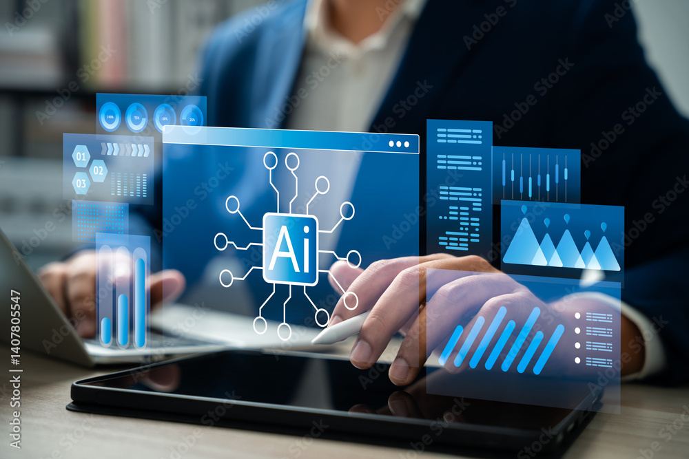 Poster ai technology for daily life and business efficiency, human use artificial intelligence and automati