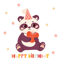 Cute animal Happy birthday vector card. Cartoon panda with party hats, gifts, balloons and confetti. Fun and colorful celebration clipart for kids, greeting cards, invitations, and scrapbooking.