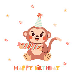 Cute animal Happy birthday vector card. Cartoon monkey with party hats, gifts, balloons and confetti. Fun and colorful celebration clipart for kids, greeting cards, invitations, and scrapbooking.