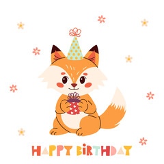 Cute animal Happy birthday vector card. Cartoon fox with party hats, gifts, balloons and confetti. Fun and colorful celebration clipart for kids, greeting cards, invitations, and scrapbooking.