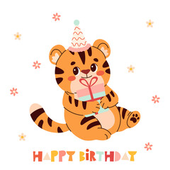 Cute animal Happy birthday vector card. Cartoon tiger with party hats, gifts, balloons and confetti. Fun and colorful celebration clipart for kids, greeting cards, invitations, and scrapbooking.