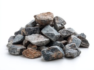 Pile of construction rocks and stones on a flat surface isolated on white background