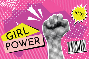 Feminism hand collage. Women riot female power vintage pop art grunge banner or magazine cover woman fist rebel protest revolution retro poster trendy style vector illustration