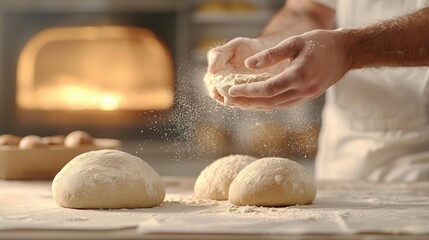 Artisanal Baker Perfectly Sprinkling Flour Over Fresh Dough in a Rustic Kitchen with Golden Baked Bread