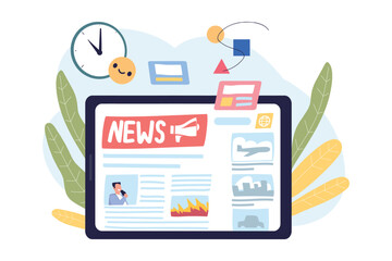 Tablet online news. Social media internet newspaper in computer tab, mobile website digital press daily news content electronic paper monitor device concept vector illustration