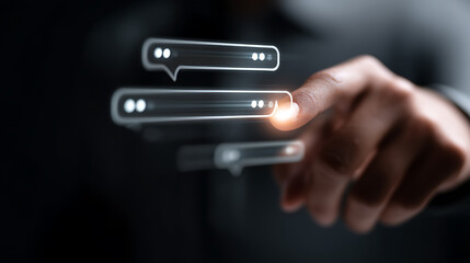 Man Interacting With Digital Chat Interface Representing Online Communication And Modern Technology Showing Touchscreen Message Boxes