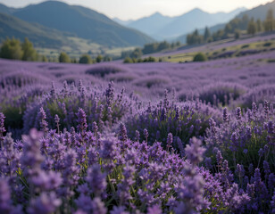 Lavender Field Blooming in Scenic Mountain Valley at Sunrise