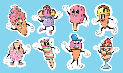 Cartoon ice cream stickers. Cute kawaii icecream retro groovy characters, chocolate popsicle baby kid face scoop in waffle cone summer sweet dessert mascot neat vector illustration