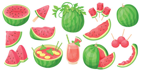 Cartoon watermelon. Water melon summer diet fruit, half watermelons quarter cut or bite slices fresh juice glass healthy food sweet red berry delicious set neat vector illustration