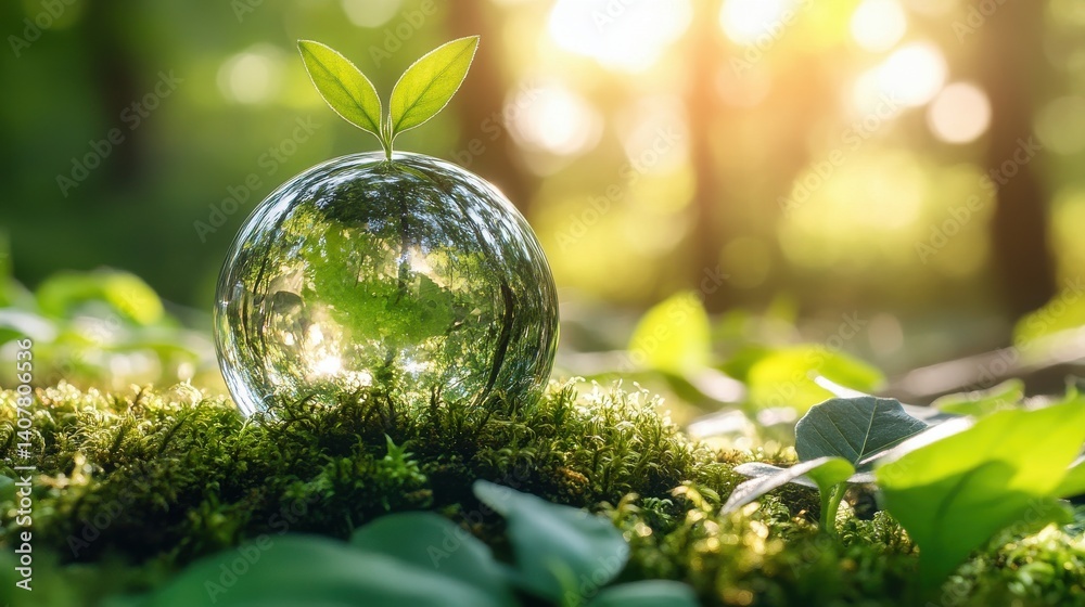 Poster a glass earth globe sits on a bed of moss with a new green sprout growing from the top surrounded by