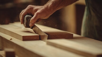 Carpenter cutting wood for a custom bookshelf. Featuring woodworking and furniture creation