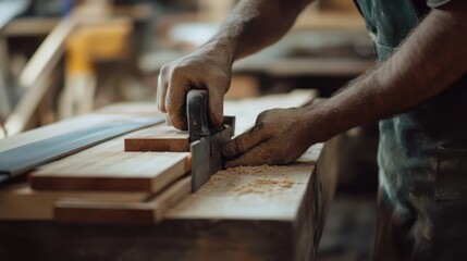 Carpenter cutting wood for a custom bookshelf. Featuring woodworking and furniture creation