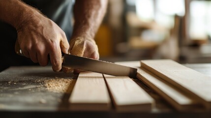 Carpenter cutting wood for a custom bookshelf. Featuring woodworking and furniture creation