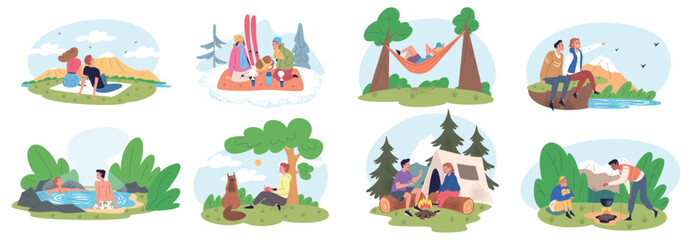 People camp resting. Family picnic on nature, couple friends adventure holidays camping summer forest mountain hiking, outdoor relaxing travel trekking classy vector illustration