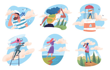 Obraz premium People look into future. Curiosity person looking horizon, man spyglass telescope explore distance goals on tomorrow leader vision perspective discovery, classy vector illustration