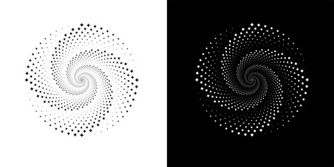 PrintModern abstract background. Halftone dots in circle form. Round logo. Vector dotted frame. Design element or icon. Black shape on a white background and the same white shape on the black side.