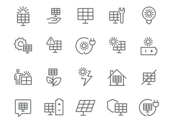 Editable Vector Icon Set in Line Style on Solar Energy and Technology.