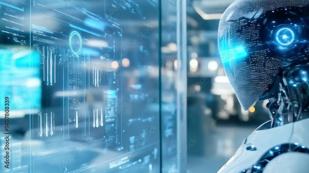 Poster A humanoid robot interacts with advanced holographic displays in a modern laboratory. The environment is illuminated with soft blue lights, showcasing cutting-edge technology and research.